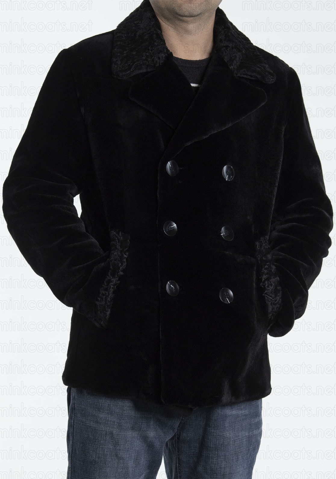 Astrakhan Collar Mens Mink Fur Pea Coat