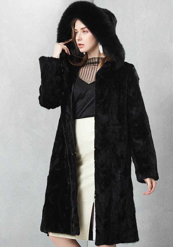 Abrigo de piel de pierna de visón negro para mujer Fox Hood