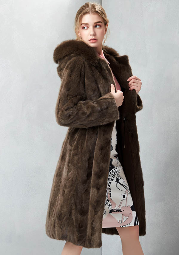 Abrigo de piel de visón marrón para mujer Fox Hood